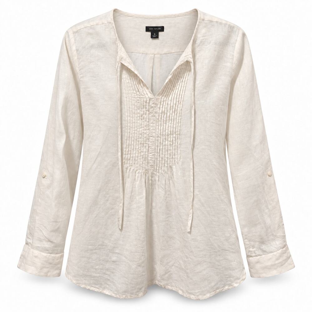 Ann Taylor 100% Linen Pintuck Blouse Size S White Long Sleeve New Without Tags